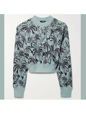 Cropped Mint Palm-Print Crew Sweatshirt